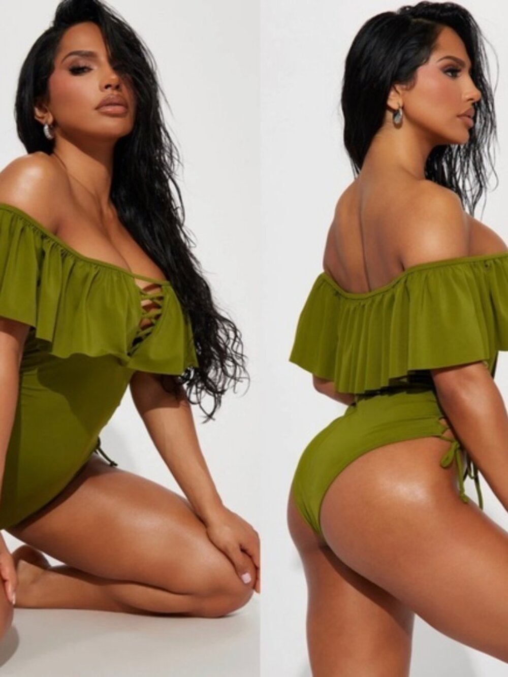 NEW Lace Up Off the Shoulder One Piece Swimsuit Size Small Olive Green